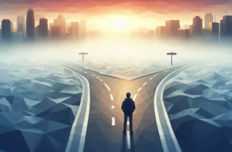 A photo of a person standing at a crossroads, looking thoughtfully at two different paths. One path is foggy and unclear