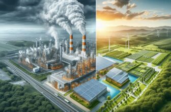 A split-screen image. One side shows a factory spewing smoke into a polluted sky. The other side shows a clean, modern factory with solar panels on the roof and a green space surrounding it